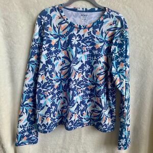Roxy Blue Orange White Hawaiian Print Long Sleeve Rash Guard Sun Shirt Size XXL